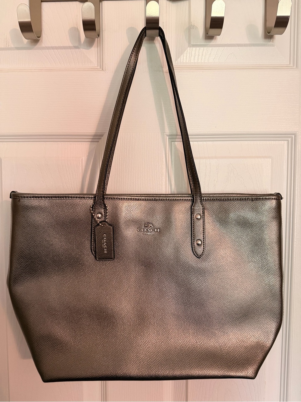 Coach Metallic Pewter Leather Tote — Silver-Tone Finish